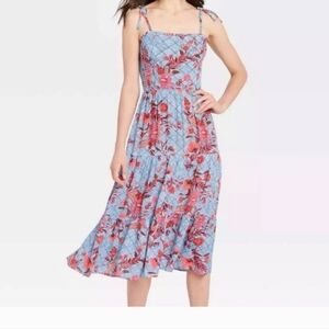 Knox Rose Small Floral Blue and Pink Women's Midi Dress Elastic Waist Sleveless